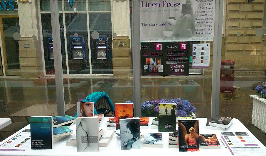 The Linen Press stall at a rainy Manchester Book Market